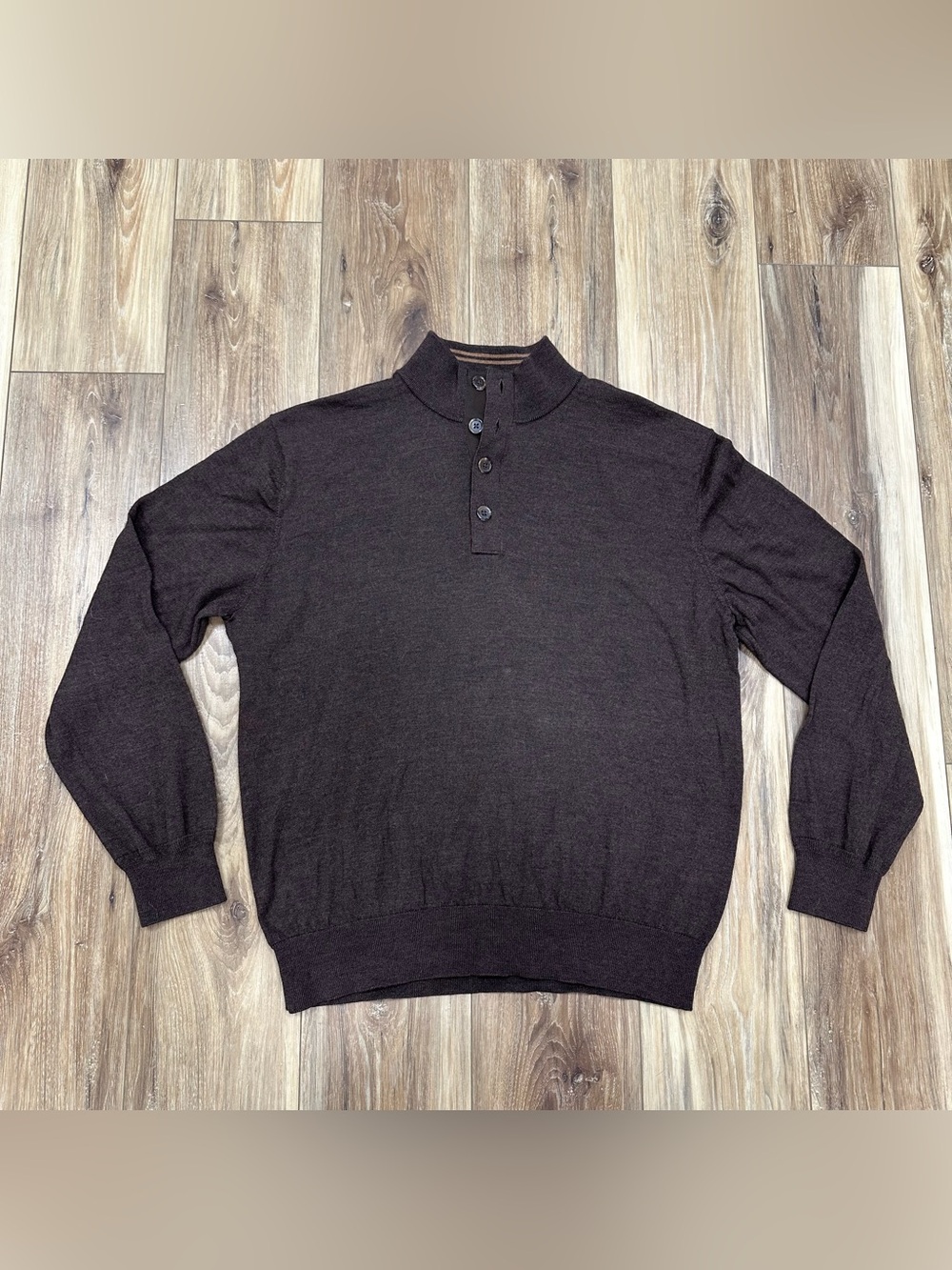 Orvis Mock Neck Henley 100% Merino Wool Pullover Sweater, Brown, XL